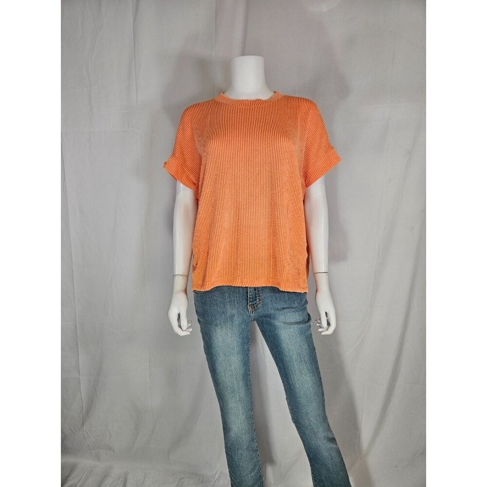 Entro Orange Round Neck Over Size Ribbed Short Cap Sleeve